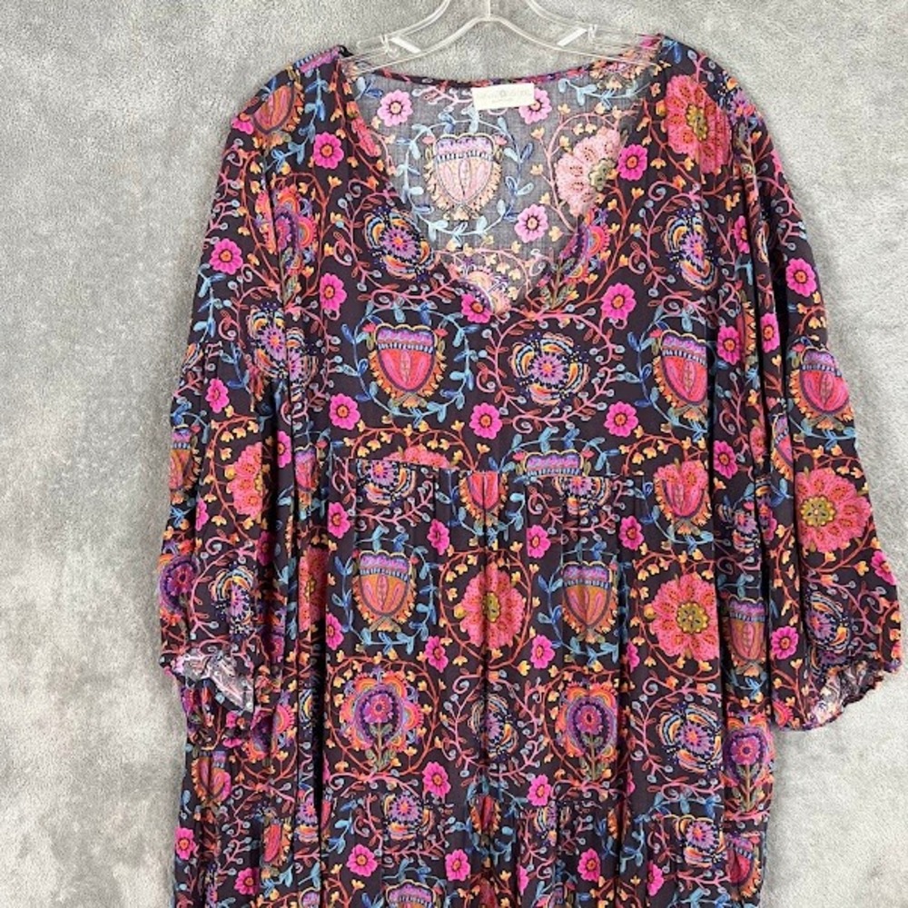 Natural Life Charlotte Midi Dress Womens XXL Floral Bell Sleeve Tiered Boho - Picture 2 of 8